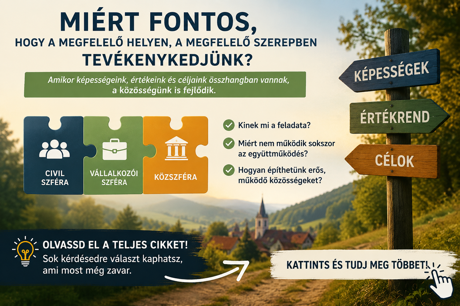 Fából készült iránytábla, mellette puzzle-szektorok és szöveges üzenet, naplementés táj háttérrel.